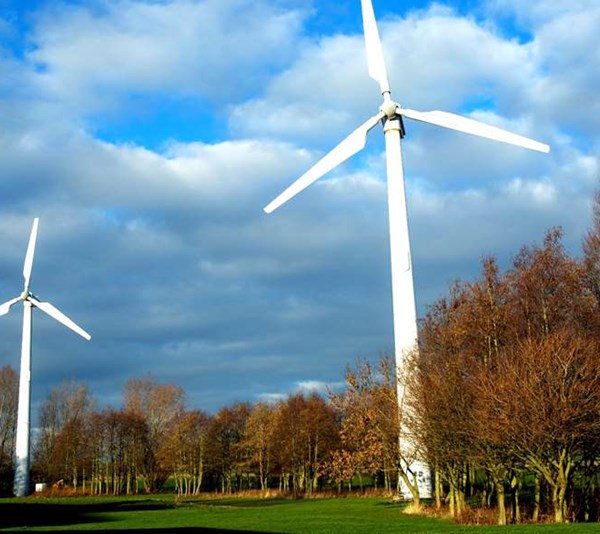 Two wind turbines at our R&D site, Ware, UK