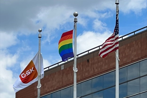 Three flags flying outside an office.