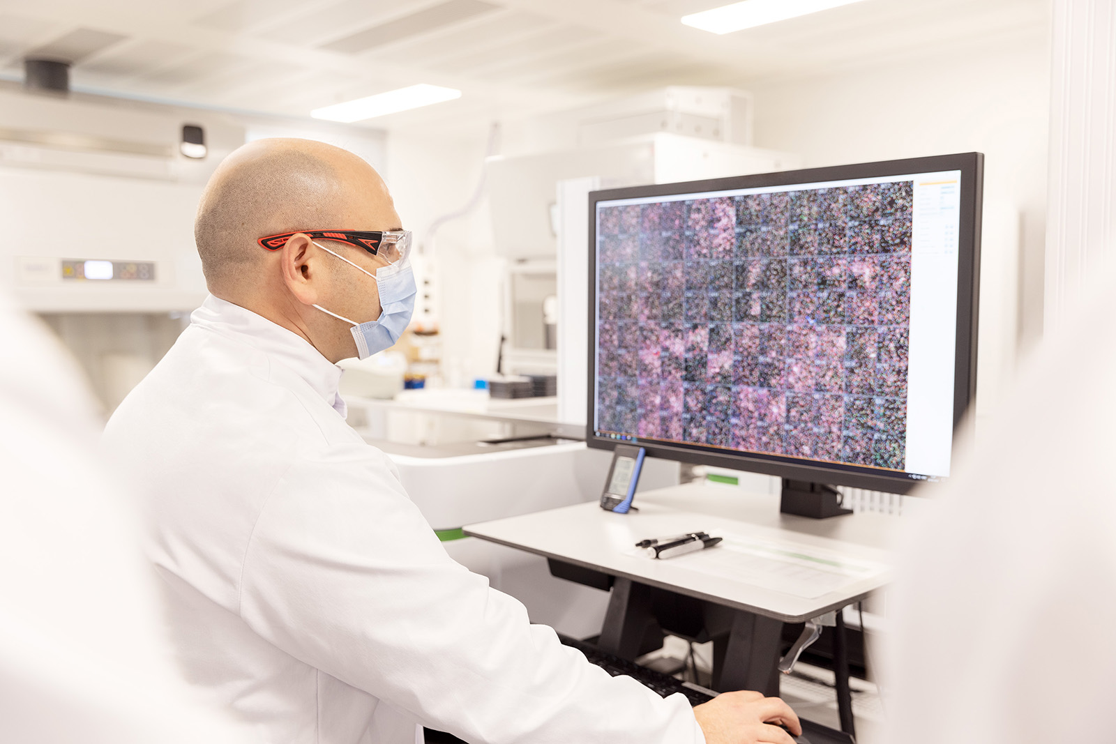 Scientist at a computer monitor looking at 3D images in high throughput screening lab 
