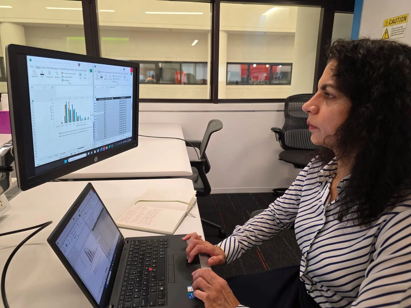 Renuka working in office in front of her computer.